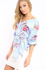 Blue Floral Print Ruffle Sleeve Wrapover Top - Susie-Tops