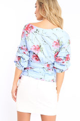 Blue Floral Print Ruffle Sleeve Wrapover Top - Susie-Tops