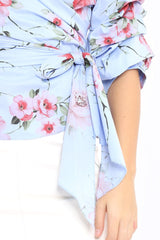 Blue Floral Print Ruffle Sleeve Wrapover Top - Susie-Tops