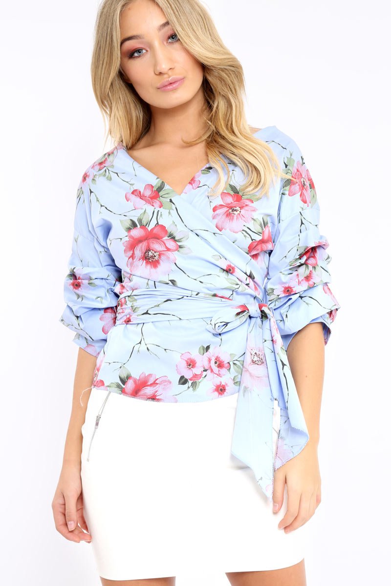Blue Floral Print Ruffle Sleeve Wrapover Top - Susie-Tops