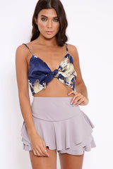 Blue Floral Print Satin Tie Front Crop Top - Trinnie-Crop Tops