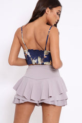 Blue Floral Print Satin Tie Front Crop Top - Trinnie-Crop Tops