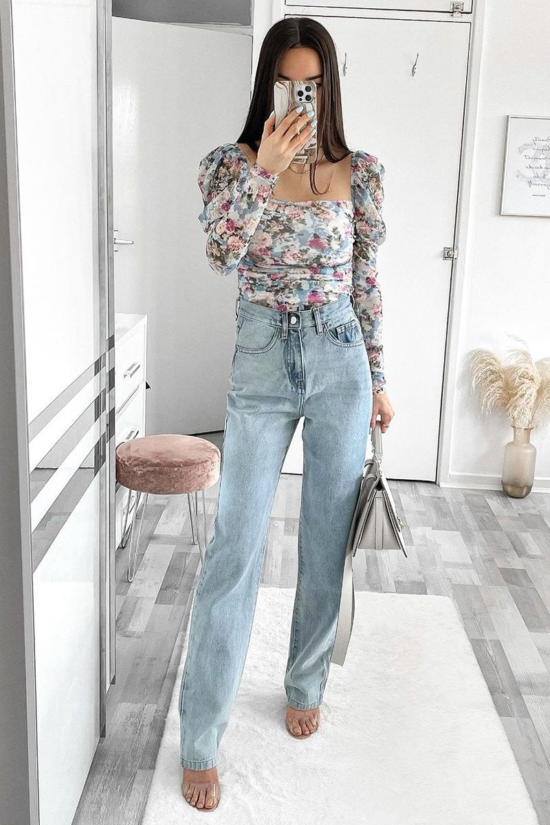 Blue Floral Puff Sleeve Bodysuit - Deana-Bodysuits