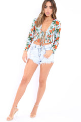 Blue Floral Top with Tie Front - Azria-Tops