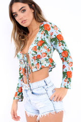 Blue Floral Top with Tie Front - Azria-Tops