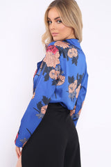 Blue Flower Print Plunge Satin Bodysuit - Madelynn-Bodysuits