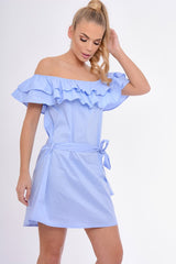 Blue Frill Bardot Tie Waist Shirt Dress - Ally-Dresses