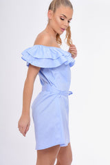 Blue Frill Bardot Tie Waist Shirt Dress - Ally-Dresses