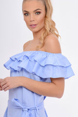 Blue Frill Bardot Tie Waist Shirt Dress - Ally-Dresses