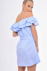 Blue Frill Bardot Tie Waist Shirt Dress - Ally-Dresses