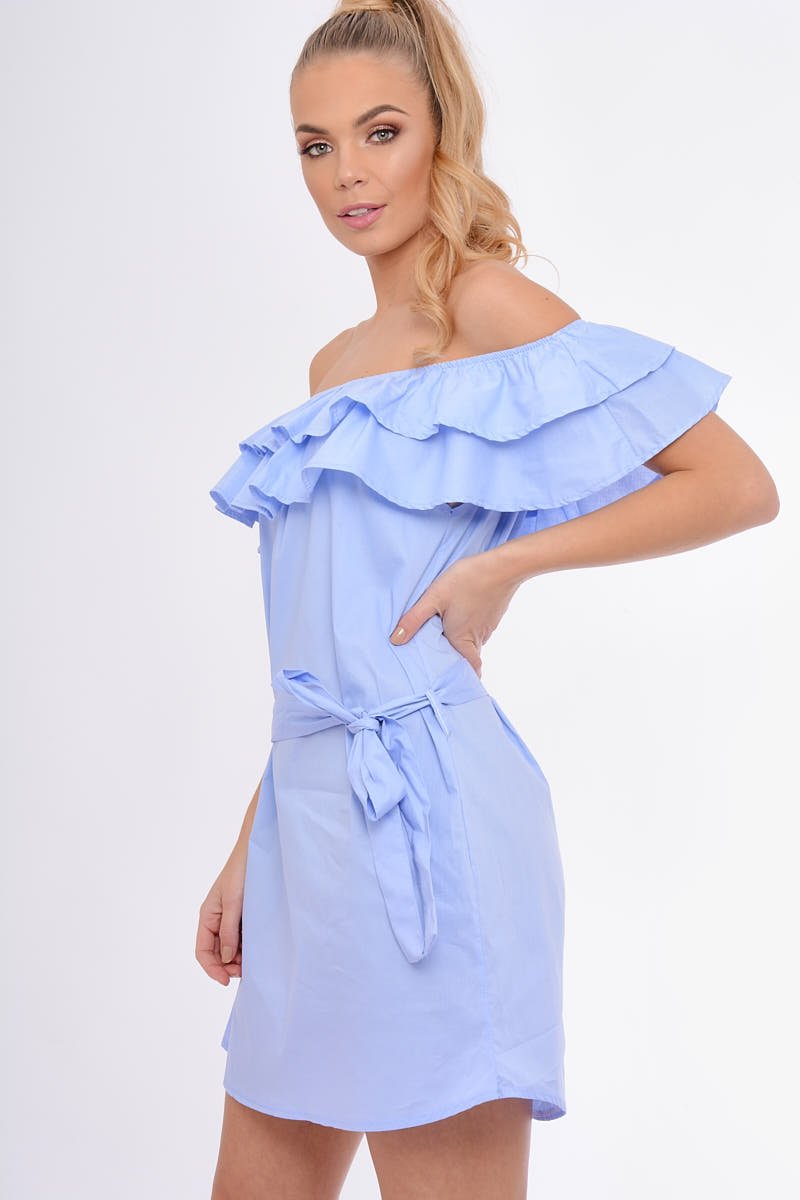 Blue Frill Bardot Tie Waist Shirt Dress - Ally-Dresses