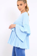 Blue Frill Bell Sleeve Blouse - Kalea-Tops