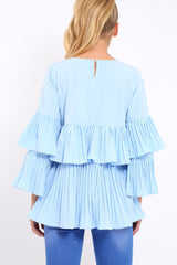 Blue Frill Bell Sleeve Blouse - Kalea-Tops