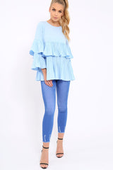 Blue Frill Bell Sleeve Blouse - Kalea-Tops