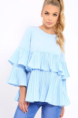 Blue Frill Bell Sleeve Blouse - Kalea-Tops