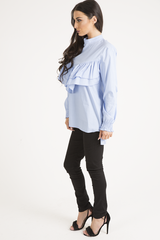 Blue Frill Detail Oversized Shirt - Lydia-Dresses