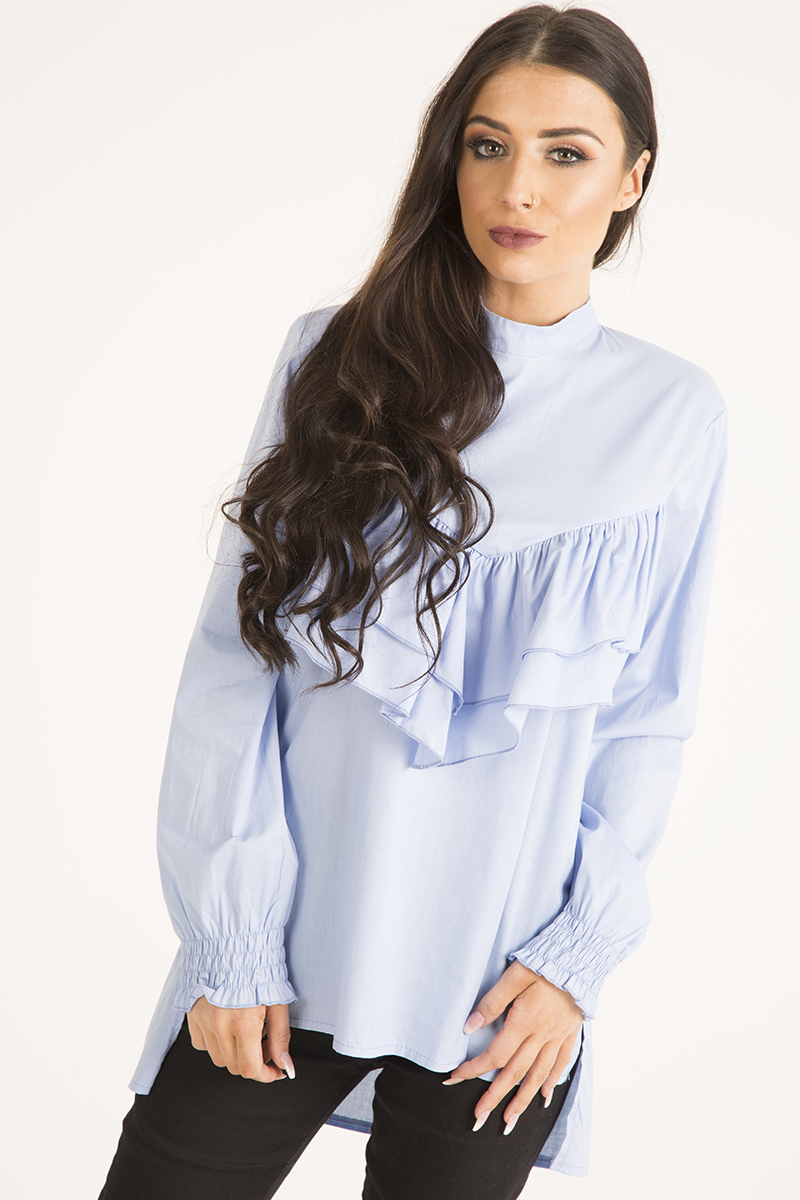 Blue Frill Detail Oversized Shirt - Lydia-Dresses