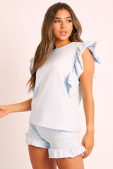 Blue Frill Hem T-shirt Short Loungewear Co-ord - Daleiza-Co-ords
