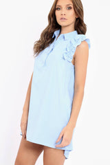 Blue Frill Sleeve Dip Hem Shirt Dress - Camilie-Dresses