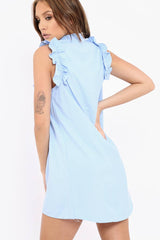 Blue Frill Sleeve Dip Hem Shirt Dress - Camilie-Dresses