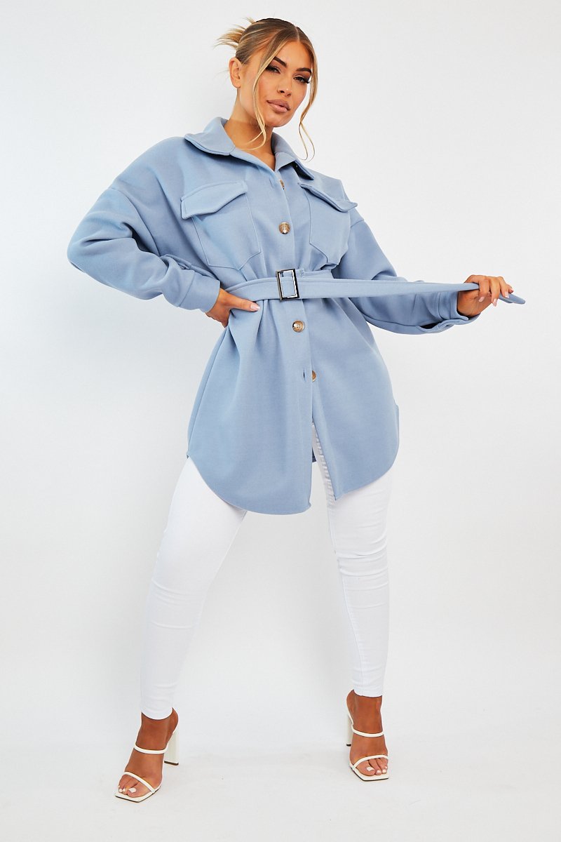 Blue Front Pocket Belted Shacket - Ranessa-Shacket
