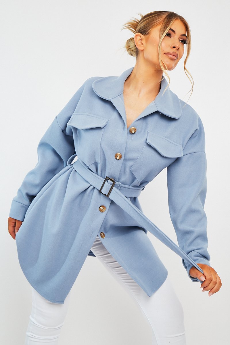 Blue Front Pocket Belted Shacket - Ranessa-Shacket