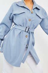 Blue Front Pocket Belted Shacket - Ranessa-Shacket