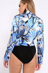 Blue Geometric Print Plunge Satin Bodysuit - Hetty-Bodysuits