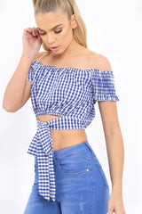 Blue Gingham Bardot Wrap Around Crop Top - Rozanne-Crop Tops