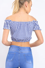 Blue Gingham Bardot Wrap Around Crop Top - Rozanne-Crop Tops