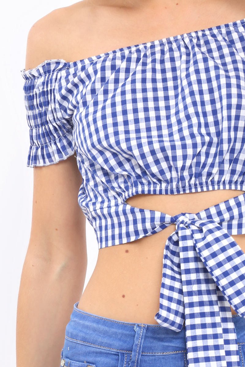 Blue Gingham Bardot Wrap Around Crop Top - Rozanne-Crop Tops