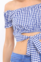 Blue Gingham Bardot Wrap Around Crop Top - Rozanne-Crop Tops