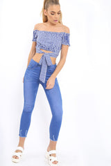 Blue Gingham Bardot Wrap Around Crop Top - Rozanne-Crop Tops