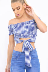 Blue Gingham Bardot Wrap Around Crop Top - Rozanne-Crop Tops