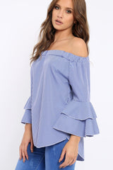 Blue Gingham Bell sleeve Bardot Top - Ilsa-Tops