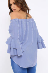 Blue Gingham Bell sleeve Bardot Top - Ilsa-Tops