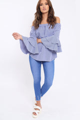 Blue Gingham Bell sleeve Bardot Top - Ilsa-Tops