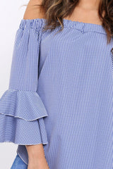 Blue Gingham Bell sleeve Bardot Top - Ilsa-Tops