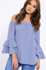 Blue Gingham Bell sleeve Bardot Top - Ilsa-Tops
