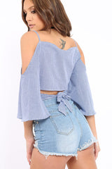 Blue Gingham Cold Shouler Tie Back Crop Top - Leela-Crop Tops