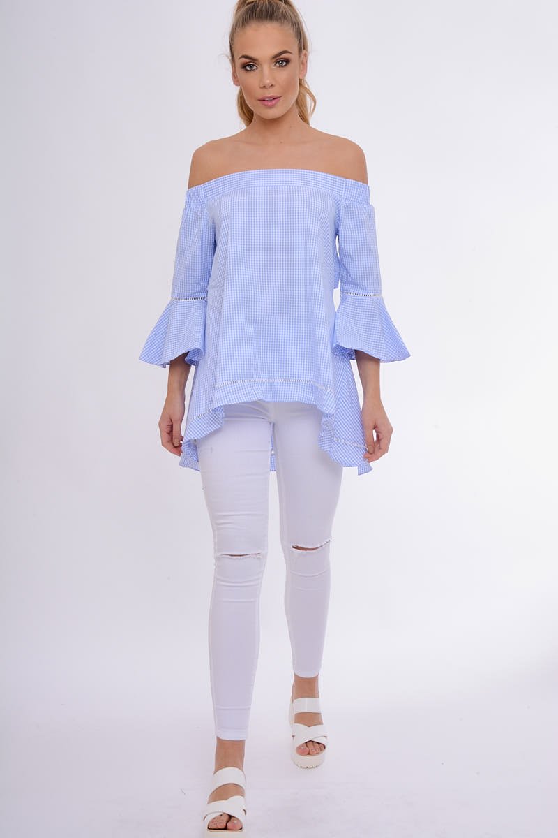 Blue Gingham Frill Sleeve Bardot Top - Kiana-Tops