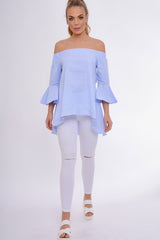 Blue Gingham Frill Sleeve Bardot Top - Kiana-Tops