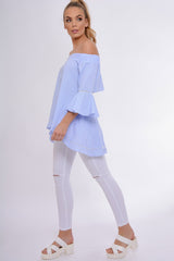 Blue Gingham Frill Sleeve Bardot Top - Kiana-Tops