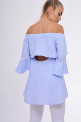 Blue Gingham Frill Sleeve Bardot Top - Kiana-Tops