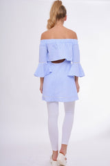 Blue Gingham Frill Sleeve Bardot Top - Kiana-Tops