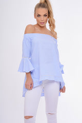 Blue Gingham Frill Sleeve Bardot Top - Kiana-Tops