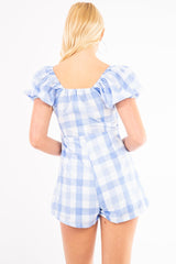 Blue Gingham Tie Front Puff Sleeve Playsuit - Davey-Playsuits