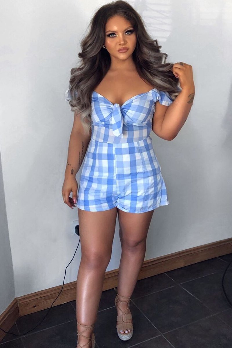 Blue Gingham Tie Front Puff Sleeve Playsuit - Davey-Playsuits