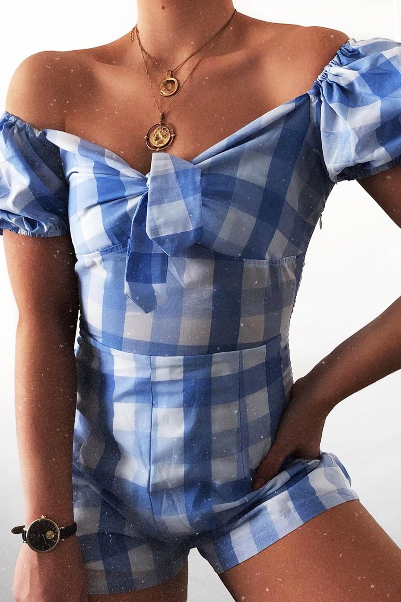 Blue Gingham Tie Front Puff Sleeve Playsuit - Davey-Playsuits