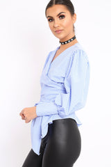 Blue Gingham Wrap Front Top - Gloria-Tops